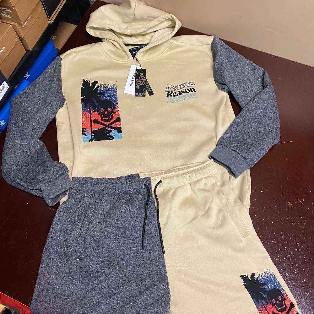 Reason Mens Khaki Long Sleeve Adjustable Waist Hoodie And Shorts Set Size Large